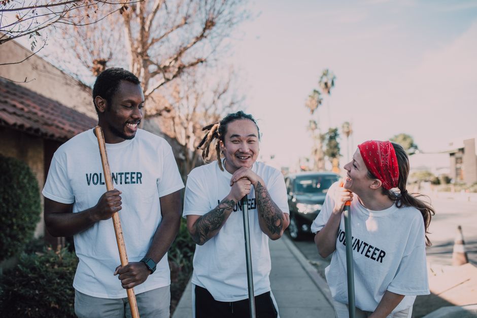 A group of smiling volunteers of different ages working together, planting seedlings in a vibrant community garden on a sunny day.